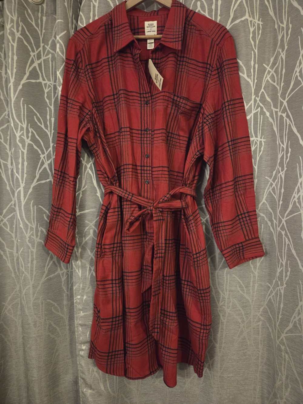 Blake Shelton For Lands End Red Plaid Tie-Waist Flannel Shirt Dress. Size 2X